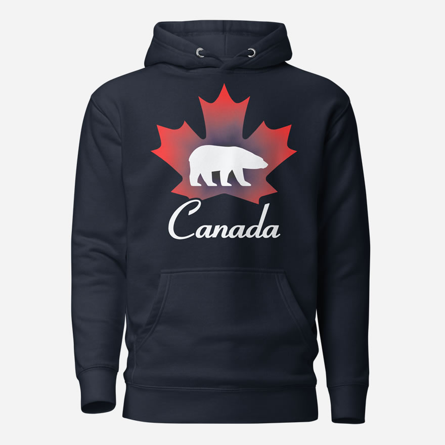 Front of Canada Polar Bear navy blazer unisex premium hoodie with maple leaf & Polar Bear print with Canada written below.