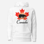 Front of Canada Polar Bear white unisex premium hoodie with maple leaf and Polar Bear print. Canada written below.