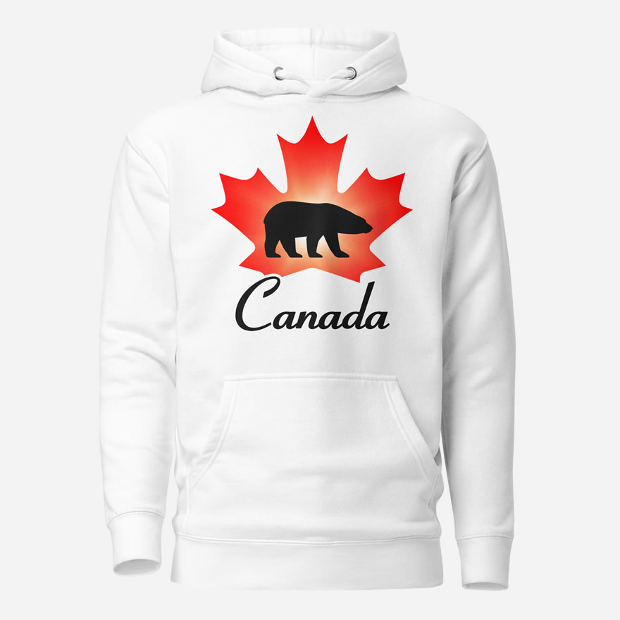 Front of Canada Polar Bear white unisex premium hoodie with maple leaf and Polar Bear print. Canada written below.